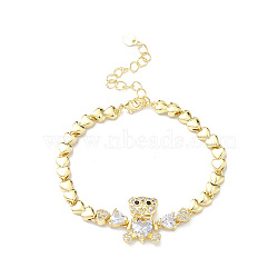 Cubic Zirconia Bear Link Bracelet with Heart Link Chains, Rack Plating Brass Jewelry for Women, Lead Free & Cadmium Free, Real 18K Gold Plated, 7-3/8 inch(18.8cm)(BJEW-H586-01G)