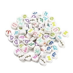 Handmade Polymer Clay Beads, Flat Round with Constellation, Mixed Color, 9.5x4mm, Hole: 1.6mm(CLAY-E005-02)
