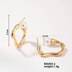 Elegant Vintage Geometric Pearl Stud Earrings Stainless Steel Wave Design, Golden, 27x7mm(EQ2297-1)