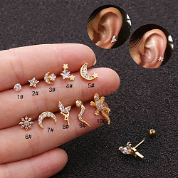 Brass Micro Pave Clear Cubic Zirconia Cartilage Earrings for Women, 316L Stainless Steel Pins, Stainless Steel Color, Moon, 6mm, Pin: 0.8mm(WG50079-08)
