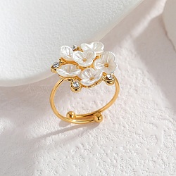 304 Stainless Steel Finger Rings, Flower, with Resin & Rhinestone for Women, Golden, US Size 7 1/4(17.5mm)(RJEW-A100-02G)