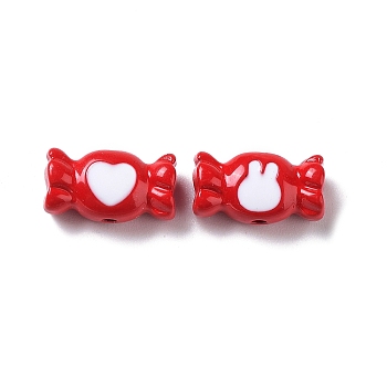 Spray Painted Alloy Bead, with Enamel, Candy with Heart & Rabbit, Red, 7.5x13x5.5mm, Hole: 1.4mm