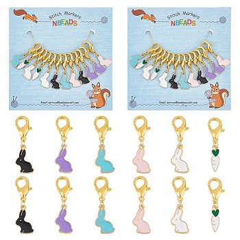 Alloy Enamel Pendant Locking Stitch Markers, Zinc Alloy Lobster Claw Clasps Stitch Marker, Carrot/Rabbit, Mixed Color, 3.2cm, 6 style, 2pcs/style, 12pcs/set