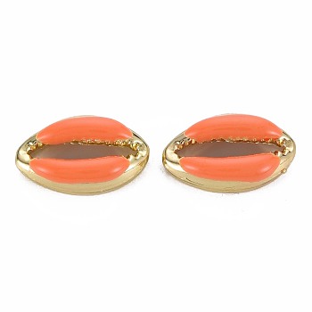 Alloy Enamel Beads, Cowrie Shell Shape, Light Gold, Coral, 16.5x10x4.5mm, Hole: 1.2mm