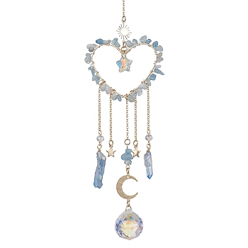 Natural Aquamarine Chip Beads with Brass Findings Pendant Decorations, Heart Hanging Suncatcher, 252~270mm