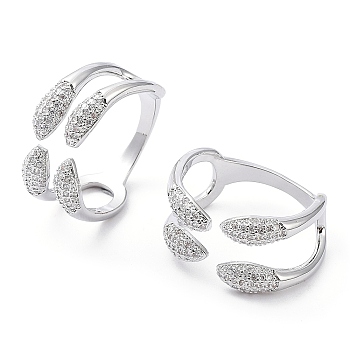 Clear Cubic Zirconia Snake Open Cuff Rings, Brass Jewelry for Women, Platinum, Inner Diameter: 19mm