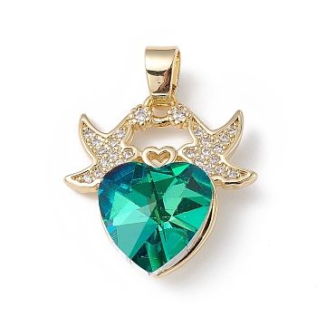 Real 18K Gold Plated Rack Plating Brass Micro Pave Cubic Zirconia Pendants, with Glass, Long-Lasting Plated, Cadmium Free & Lead Free, Two Birds with Heart, Green, 21x20x8mm, Hole: 5x3mm