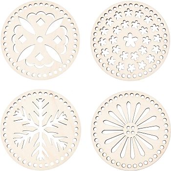 Wooden Basket Bottoms, Crochet Basket Base, for Basket Weaving Supplies and Home Decoration Craft, Flat Round with Flower, BurlyWood, 14x0.5cm, 4pcs/set