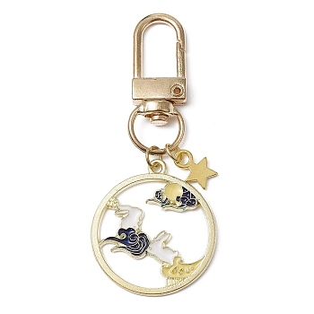 Chinese Style Alloy Enamel Pendant Decoratios, with Swivel Clasps and Star Charm, Flat Round with Rabbit, Light Gold, 65mm