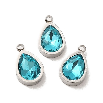 304 Stainless Steel Pendants, with Dark Turquoise Glass, Teardrop Charms, Stainless Steel Color, 12x7x4mm, Hole: 1.5mm