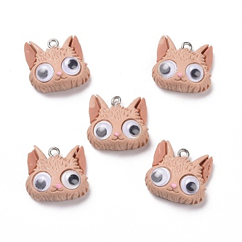 Opaque Resin Pendants, with Platinum Tone Iron Loops & Wiggle Googly Eyes, Fox, Dark Salmon, 19.5x20.5x10mm, Hole: 2mm