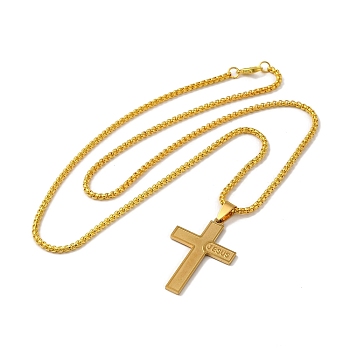Cross with Word Jesus 201 Stainless Steel Pendant Necklace with Iron Box Chains, Golden, 24.21 inch(61.5cm)