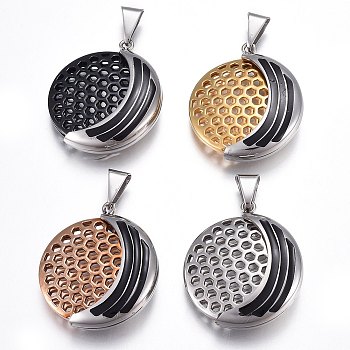 304 Stainless Steel Pendants, with Enamel, Flat Round with Moon, Black, Mixed Color, 33.8x29x8.5mm, Hole: 4x9mm