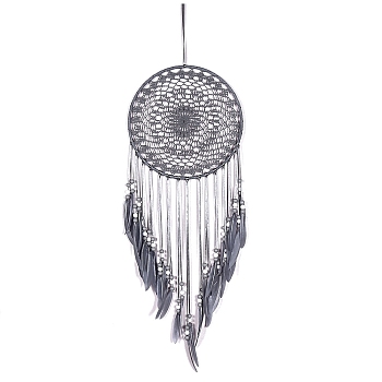 Woven Web/Net with Feather Wall Hanging Decorations, with Iron Ring and Wood Bead, for Home Bedroom Decorations, Gray, 680x200mm