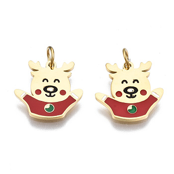 316 Surgical Stainless Steel Enamel Charms, with Jump Rings, for Christmas, Christmas Reindeer/Stag, Red, Real 14K Gold Plated, 12x12.5x1mm, Jump Ring: 3.8x0.6mm, 2.6mm inner diameter