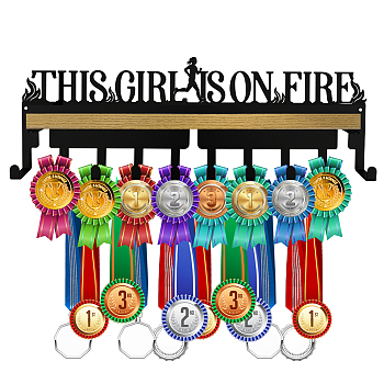 Iron Medal Holder, with Wood Board, Medal Holder Frame, This Girl Is On Fire, Word, Medal Holder: 367x122x1.5mm, Wood Board: 348x80mm