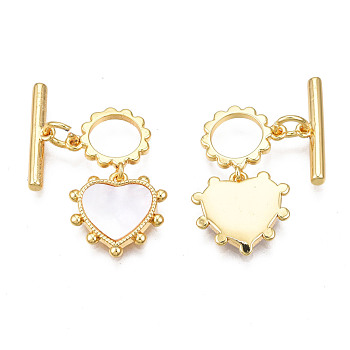 Brass Toggle Clasps, with Freshwater Shell, Cadmium Free & Nickel Free & Lead Free, Heart, Real 18K Gold Plated, 27mm long, Bar: 4x16x2mm, hole: 1mm, Jump Ring: 5x1mm, Inner Diameter: 3mm, Heart: 13x13.5x2mm, Hole: 1mm