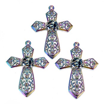 Alloy Big Pendants Rhinestone Settings, Cadmium Free & Lead Free, Cross with 3D Flower, Rainbow Color, 91x65x9mm, Hole: 4mm, Fit for 3.5mm Rhinetone