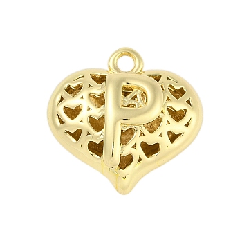 Hollow Brass Pendants for Valentine's Day, Heart with Letter, Real 18K Gold Plated, Letter P, 25x26x13mm, Hole: 2.5mm