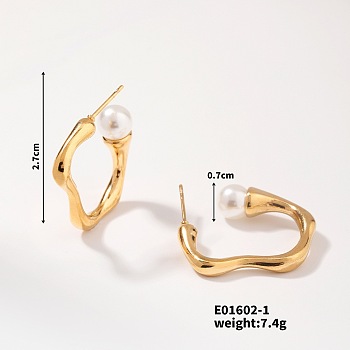 Elegant Vintage Geometric Pearl Stud Earrings Stainless Steel Wave Design, Golden, 27x7mm