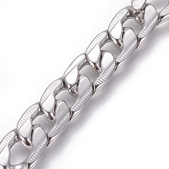 201 Stainless Steel Cuban Link Chains, Chunky Curb Chains, Twisted Chains, Unwelded, Textured, Stainless Steel Color, 9.5mm, Links: 14x9.5x2.5mm