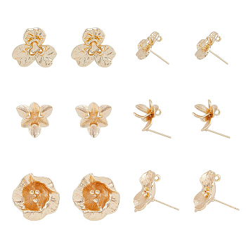 12Pcs 3 Style Brass Stud Earring Findings, with Vertical Loops and 30Pcs Plastic Ear Nuts, Real 18K Gold Plated, 13.5~19x15~19mm, Hole: 1.2~1.4mm, Pin: 0.8mm, 4Pcs/style