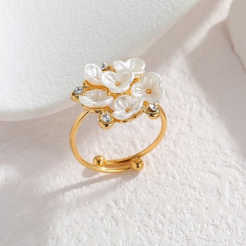 304 Stainless Steel Finger Rings, Flower, with Resin & Rhinestone for Women, Golden, US Size 7 1/4(17.5mm)