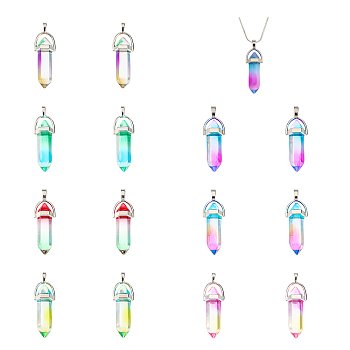 14Pcs 7 Colors Faceted Bullet Glass Pointed Pendants, with Platinum Plated Alloy Findings, Mixed Color, 41x13.5mm, 2pcs/color