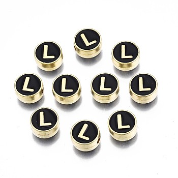 Alloy Enamel Beads, Cadmium Free & Lead Free, Light Gold, Flat Round with Alphabet, Black, Letter.L, 8x4mm, Hole: 1.5mm