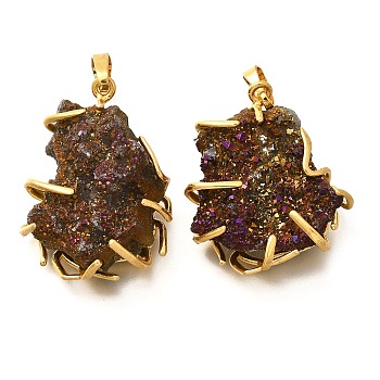 Electroplated Natural Druzy Agate Pendants, Nuggets Charms with Brass Findings, Rack Plating, Golden, Long-Lasting Plated, Lead Free & Cadmium Free, Purple Plated, 31~37.5x24.5~29x8.5~17mm, Hole: 8x5mm