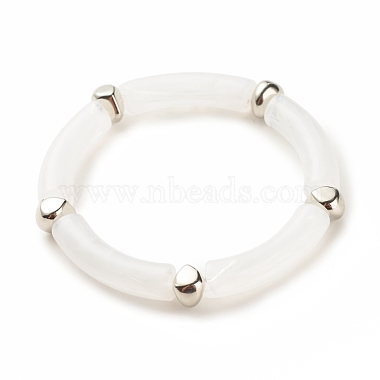 2Pcs 2 Color White Acrylic Curved Tube Chunky Stretch Bracelets Set with CCB Plastic for Women(BJEW-JB08126)-5