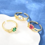 Mother's Day Brass Pave Cubic Zirconia Cuff Open Rings, Heart with Word Mom, Lead Free & Cadmium Free, Long-Lasting Plated, Rack Plating, Real 18K Gold Plated, Mixed Color, 7.5mm, Inner Diameter: 17mm(CU-CBACDF6-06G)
