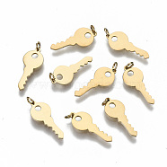 304 Stainless Steel Charms, Laser Cut, with Jump Rings, Key, Real 14K Gold Plated, 15x6x0.7mm, Jump Ring: 3x0.4mm, 2.2mm inner diameter(A-STAS-S116-070G)