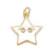 Brass Micro Pave Clear Cubic Zirconia Pendants, with Enamel & Jump Ring, Cadmium Free & Nickel Free & Lead Free, Star Smiling Face, Real 16K Gold Plated, Creamy White, 19x17x2mm, Jump Ring: 5x1mm, 3mm inner diameter(X-ZIRC-S067-065J-NR)