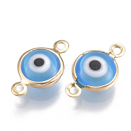 Brass Links connectors, with Enamel, Flat Round with Evil Eye, Nickel Free, Real 18K Gold Plated, Sky Blue, 15x9x5.5mm, Hole: 1mm(KK-T038-192G-02)