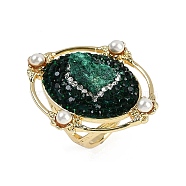 Oval Natural Malachite & Rhinestone Finger Rings, Plastic Imitation Pearl Beads and Brass Adjustable Finger Rings, Inner Diameter: 17mm(RJEW-P128-03G-B)