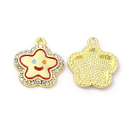 Rack Plating Alloy Crystal Rhinestone Pendants, with Red Enamel, Star with Smiling Face Charms, Cadmium Free & Nickel Free & Lead Free, Light Gold, 17.6x17x2.5mm, Hole: 1.6mm(FIND-C018-28LG-01)