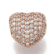 Brass Micro Pave Cubic Zirconia Beads, Heart, Clear, Rose Gold, 8x7x5mm, Hole: 1mm(ZIRC-T006-12RG)