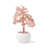 Natural Rose Quartz Chips with Brass Wrapped Wire Money Tree on Ceramic Vase Display Decorations, for Home Office Decor Good Luck, 120x50.5x190mm(DJEW-B007-02E)