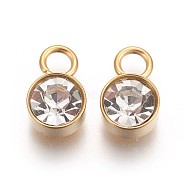 Glass Rhinestone Charms, April Birthstone Charms, with Golden Tone 201 Stainless Steel Findings, Flat Round, Crystal, 10x6x4mm, Hole: 2.3mm(STAS-F189-B07)