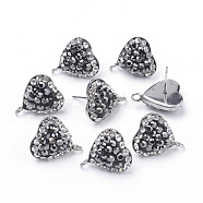 Polymer Clay Rhinestone Stud Earring Findings, with Loop, Stainless Steel Findings, Heart, Stainless Steel Color, Jet, 16.5x14mm, Hole: 2mm, Pin: 0.6mm(EJEW-S198-06)