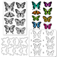1Pc Carbon Steel Cutting Dies Stencils, with 1 Sheet PVC Plastic Stamps and 1 Set PET Hollow Out Drawing Painting Stencils, for DIY Scrapbooking, Craft, Butterfly Pattern, Cutting Dies: 108x154x0.8mm, Stamp: 160x110x3mm(DIY-GL0004-14)