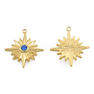 304 Stainless Steel Pendants, with Sapphire Rhinestone, Star, Real 18K Gold Plated, 21.5x19x3.5mm, Hole: 1.4mm(STAS-N098-167LG)