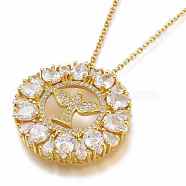 Brass Micro Pave Clear Cubic Zirconia Flat Round with Bird Pendant Necklaces, with 304 Stainless Steel Cable Chains, Golden, 15.94 inch(40.5cm)(NJEW-H202-03G)