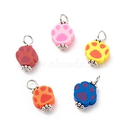 Handmade Polymer Clay Pendants, with 304 Stainless Steel Findings, Dog Paw Charms, Mixed Color, 16x8.5x4mm, Hole: 3mm(PALLOY-JF01767)