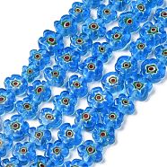 Handmade Millefiori Glass Bead Strands, Flower, Sky Blue, 10x2.6mm, Hole: 1mm, about 42pcs/strand, 15.75 inch(40cm)(X-LAMP-J035-10mm-53)
