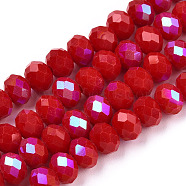 Electroplate Opaque Solid Color Glass Beads Strands, Half Rainbow Plated, Faceted, Rondelle, FireBrick, 4x3mm, Hole: 0.4mm, about 123~127pcs/strand, 16.5~16.9 inch(42~43cm)(EGLA-A034-P4mm-L21)