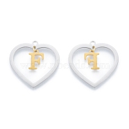 201 Stainless Steel Pendants, Hollow, Heart with Letter A~Z, Real Gold Plated & Stainless Steel Color, Letter.F, 29x29.5x1mm, Hole: 2mm, A~Z: 12x8~10.5x1mm(STAS-N090-LA894-F-P)