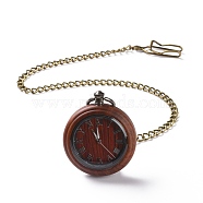 Ebony Wood Pocket Watch with Brass Curb Chain and Clips, Flat Round Electronic Watch for Men, Brown, 16-3/8~17-1/8 inch(41.7~43.5cm)(WACH-D017-A13-02AB)