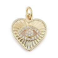 Brass Micro Pave Cubic Zirconia Pendants, with Jump Ring, Heart with Eye, Golden, Clear, 16x16.5x3.5mm, Hole: 3mm(X-KK-O126-05G-01)